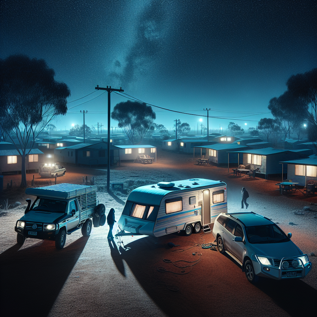 A starry night scene shows a person near a parked camper between two trucks in a caravan park with lit cabins and scattered trees.