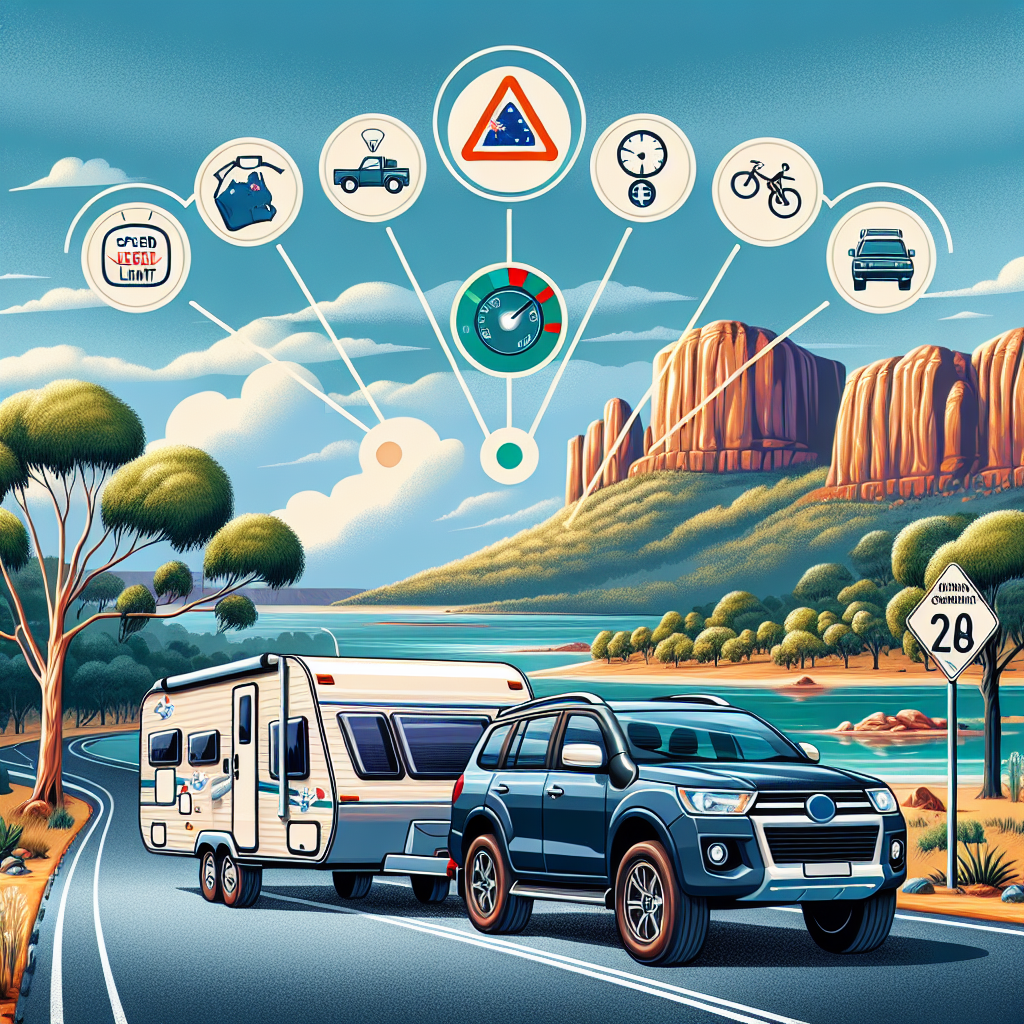 A car pulls a trailer on a scenic desert road with icons above illustrating driving considerations like speed limits, a warning sign, gear, fuel, time, bicycles, and a car, set against a backdrop of mesas and a river.