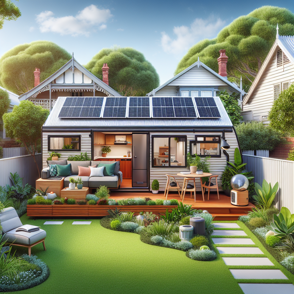 A cozy modern house with solar panels, surrounded by lush gardens, features a welcoming outdoor seating area and a neat path through the lawn.