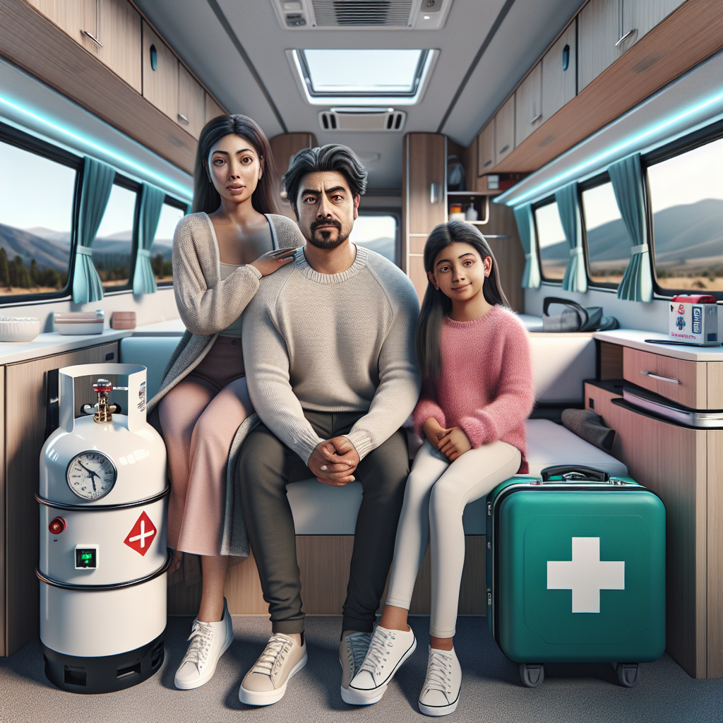 A family of three sits together inside a modern RV with a medical kit and oxygen tank nearby.
