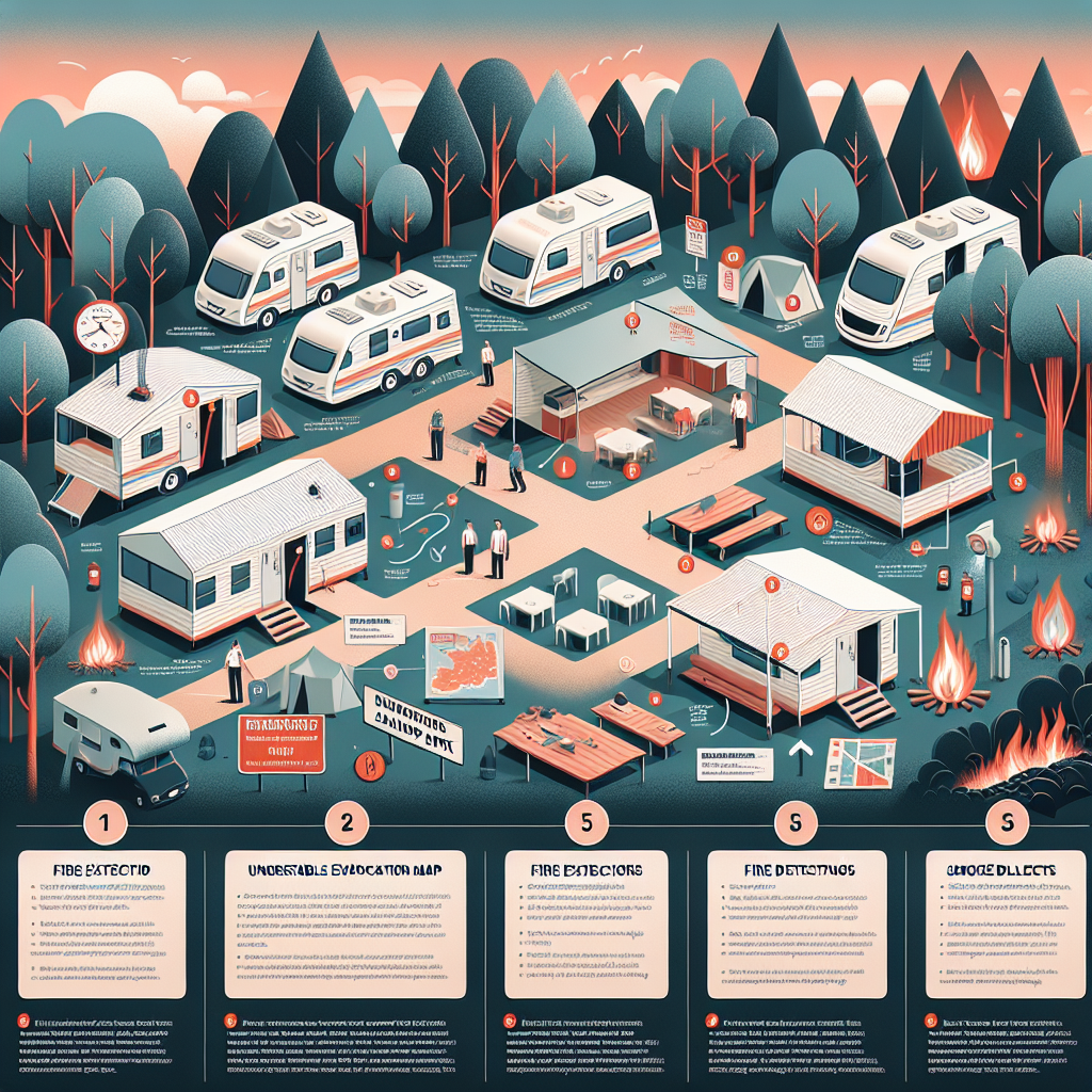 An illustrated infographic shows a forest campsite with RVs, tents, and cabins surrounded by trees and small campfires, with text boxes detailing fire safety measures in the foreground.