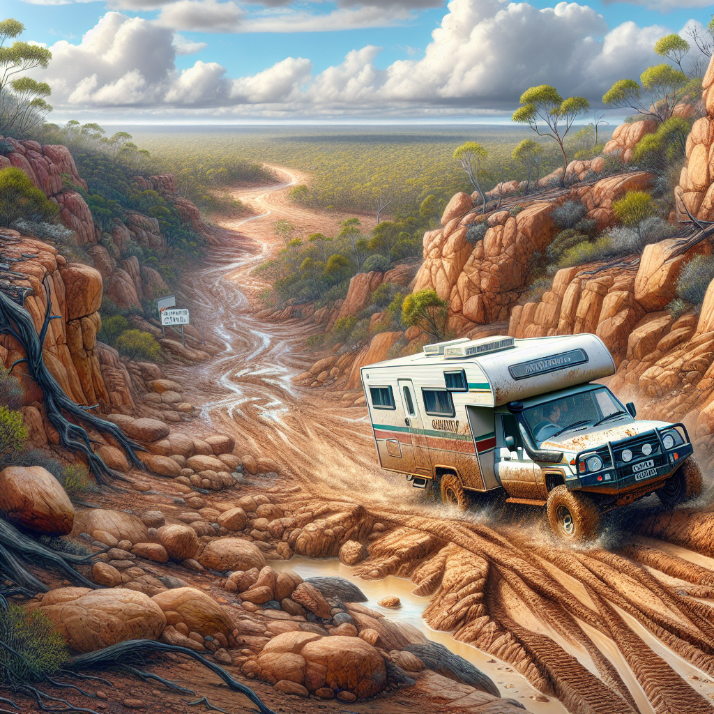 A rugged off-road RV navigates a muddy, rocky terrain between reddish cliffs under a partly cloudy sky.