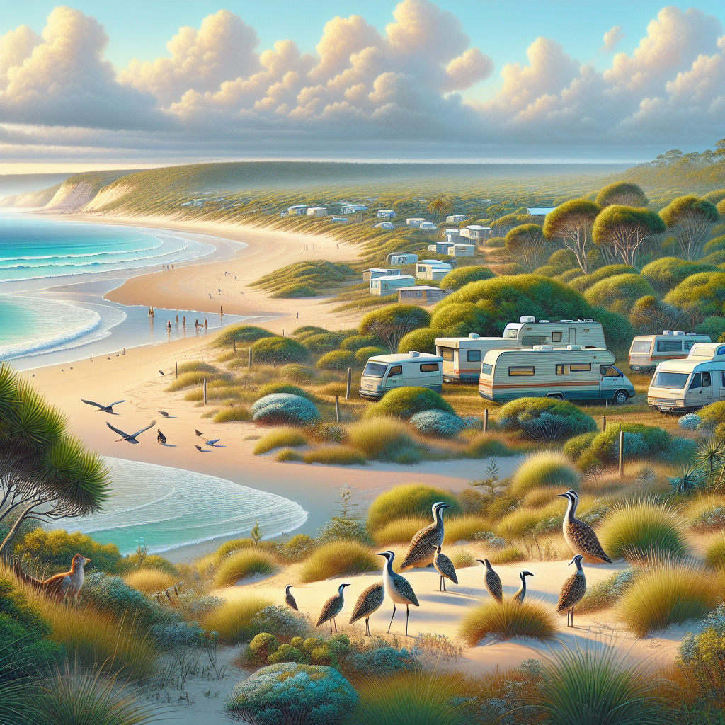 A scenic coastal campsite with caravans is surrounded by lush greenery and wild birds, facing a sandy beach and calm ocean waves under a cloudy sky.