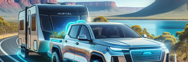 ev-overhaul-sparks-concerns-in-caravan-industry-efficiency-standards A futuristic truck, glowing with neon blue accents, tows a modern trailer on a scenic desert road beside a blue lake under a clear sky with digital eco-friendly icons floating above.