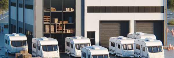A warehouse lot with six RVs behind a closed gate labeled "CLOSED LIQUIDATION," surrounded by pallets and traffic cones.